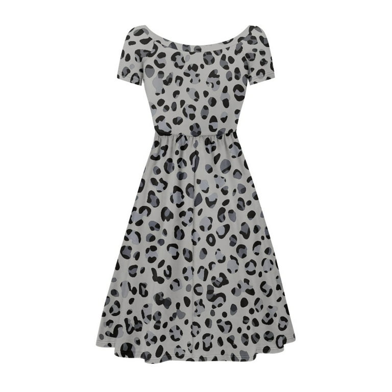 Scrawlgod Leopard Print Dress Women Summer Dresses with Short Sleeves Casual Breathable Midi Skater Dress for Women Wide Neck Skater Dress Short