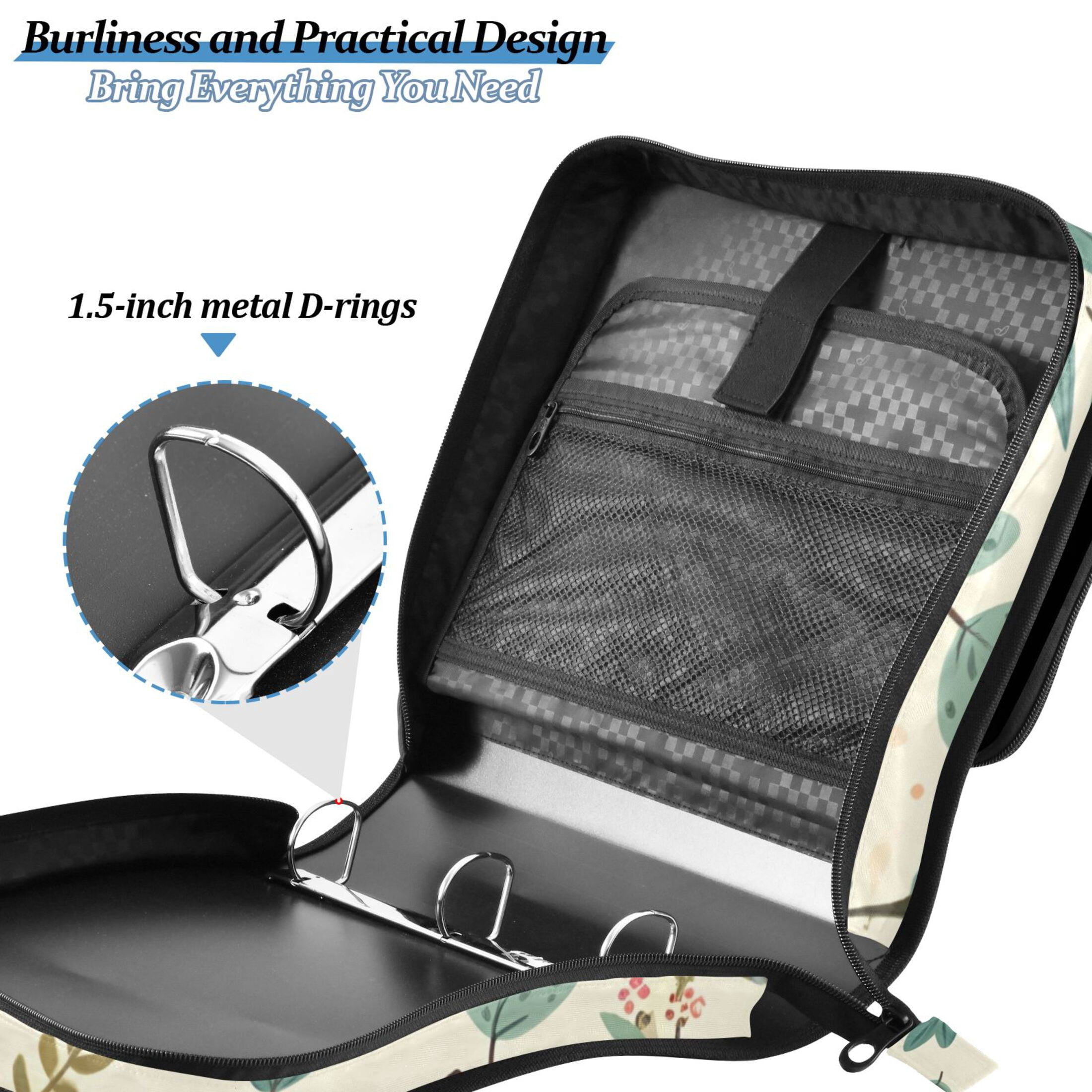 3 Ring Zipper Binder with Shoulder Strap Waterproof Trapper Keeper 2 Inch D-Ring 500 Sheets Capacity Cute Foxes Flower Leaf