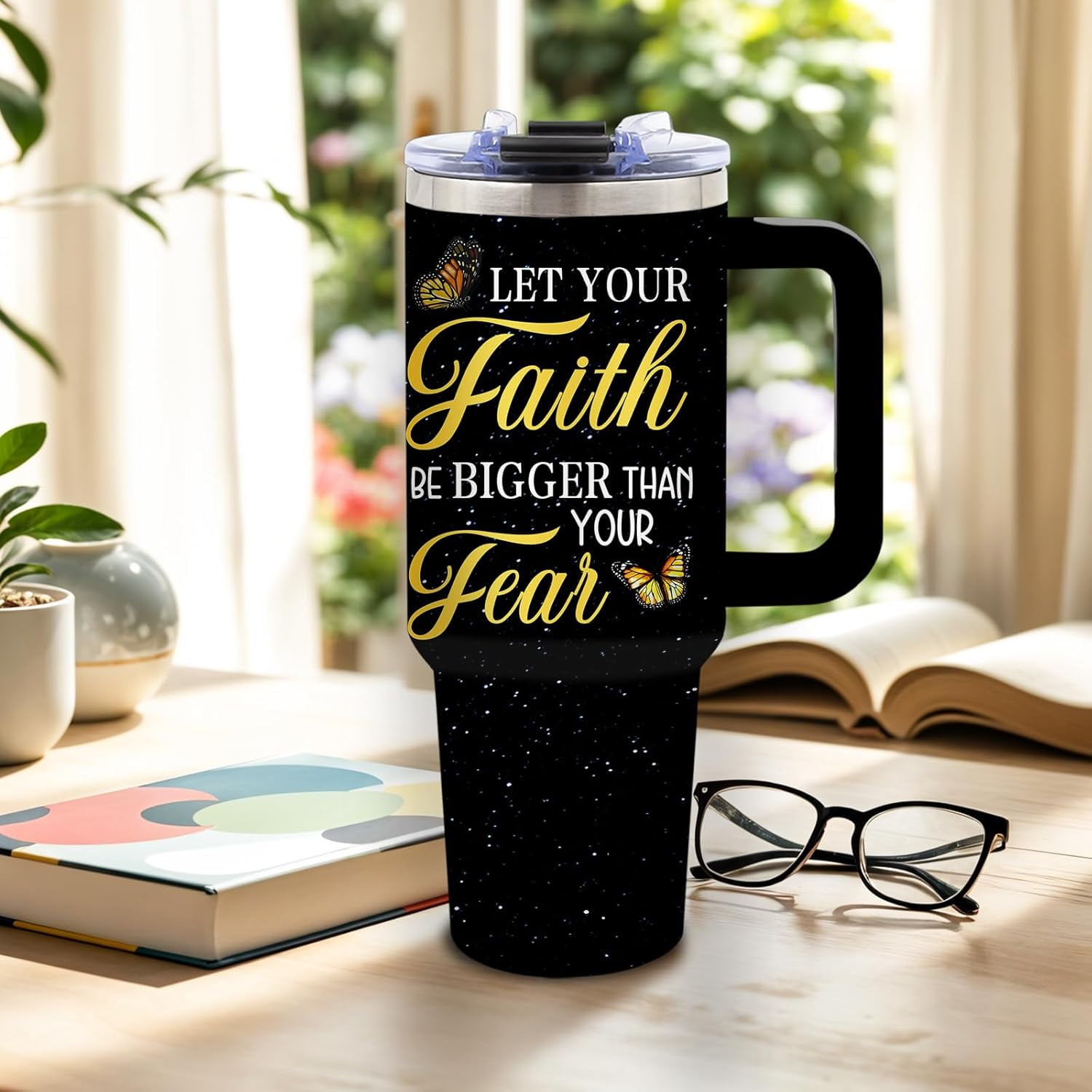 Christian Gifts for Men, Christian Tumbler 40 Oz With Handle and Straw, Inspirational Religious Gifts for Faith Lovers, Faith Over Fear Gift Tumbler for Christmas Thanksgiving, 1PCS