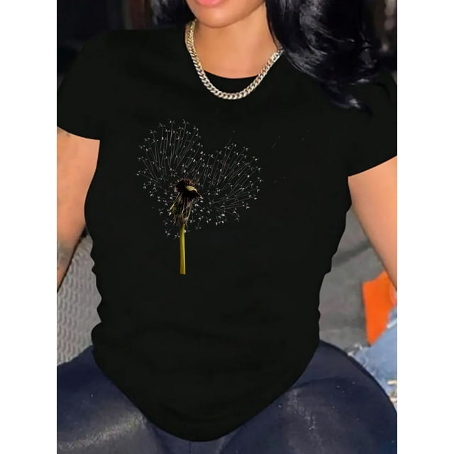 Realistic Dandelion Pattern Printed Women'S Fashion Trendy Round Neck Short Sleeve, Simple Casual Sports T-Shirt, Comfortable Summer Top for Women During Holidays.