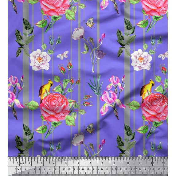 Soimoi Cotton Jersey Fabric Stripe,Camellia & Rose Floral Print Fabric by the Yard 58 Inch Wide