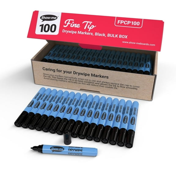 Show-me Classbox of 100 Fine Tip Slim Barrel Dry Erase Markers in Black