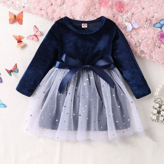 jsaierl Kids Toddler Baby Girls Velvet Tulle Dress Patchwork Mesh Dress Cute Infant Long Sleeve Princess Dresses Party Tutu Dress 6M-4T
