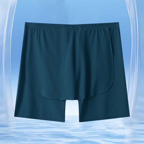 Mens Ice Silk Skirt Pants Briefs Lengthened Roll Side Opening Underwear Shorts Breathable Lightweight BottomsNavyM
