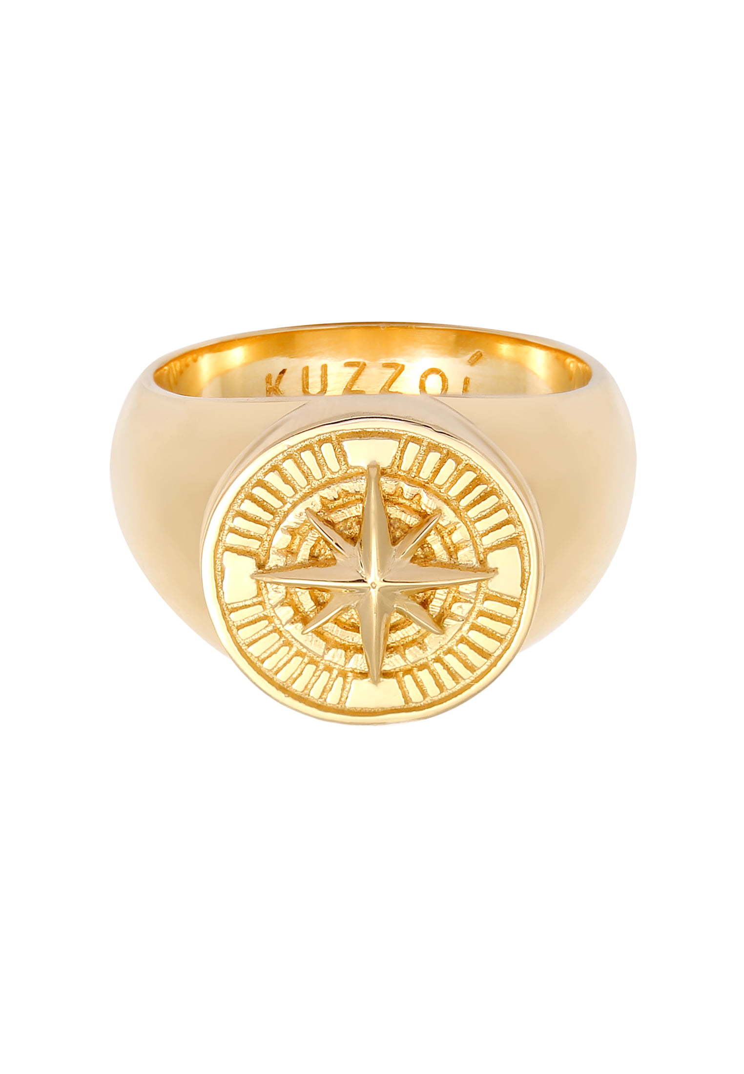KUZZOI Men\'s Signet Ring Compass 925 Silver 14K Gold Plated Size 9-11