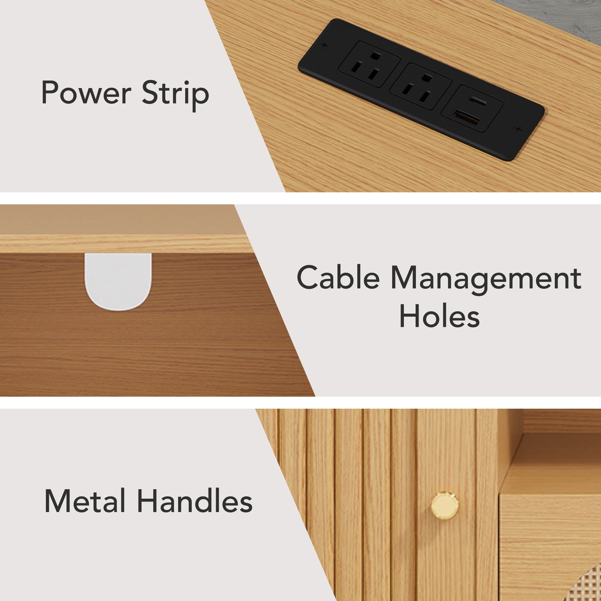 Spruce & Spring Tambour TV Stand with Power Outlet, Mid-Century Modern Entertainment Center, Rattan Drawer & Fluted Sliding Doors, Solid Wood Legs & Cable Management, Oak, for TVs up to 70 Inch