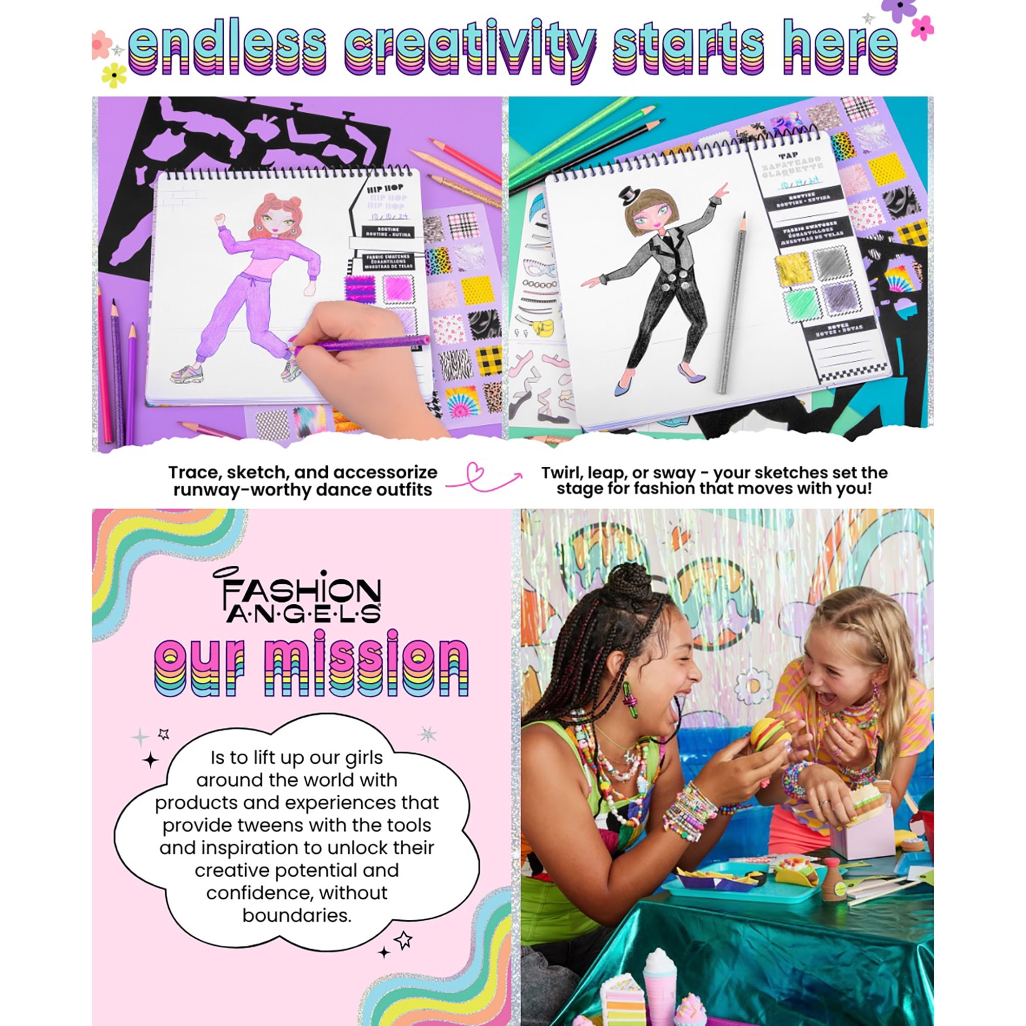 Fashion Angels: Fashion Sketch Set - I Just Wanna Dance - Design & Create Themed Outfits, 35 Page Drawing Art Portfolio, Stickers & Stencils, Kids 6+