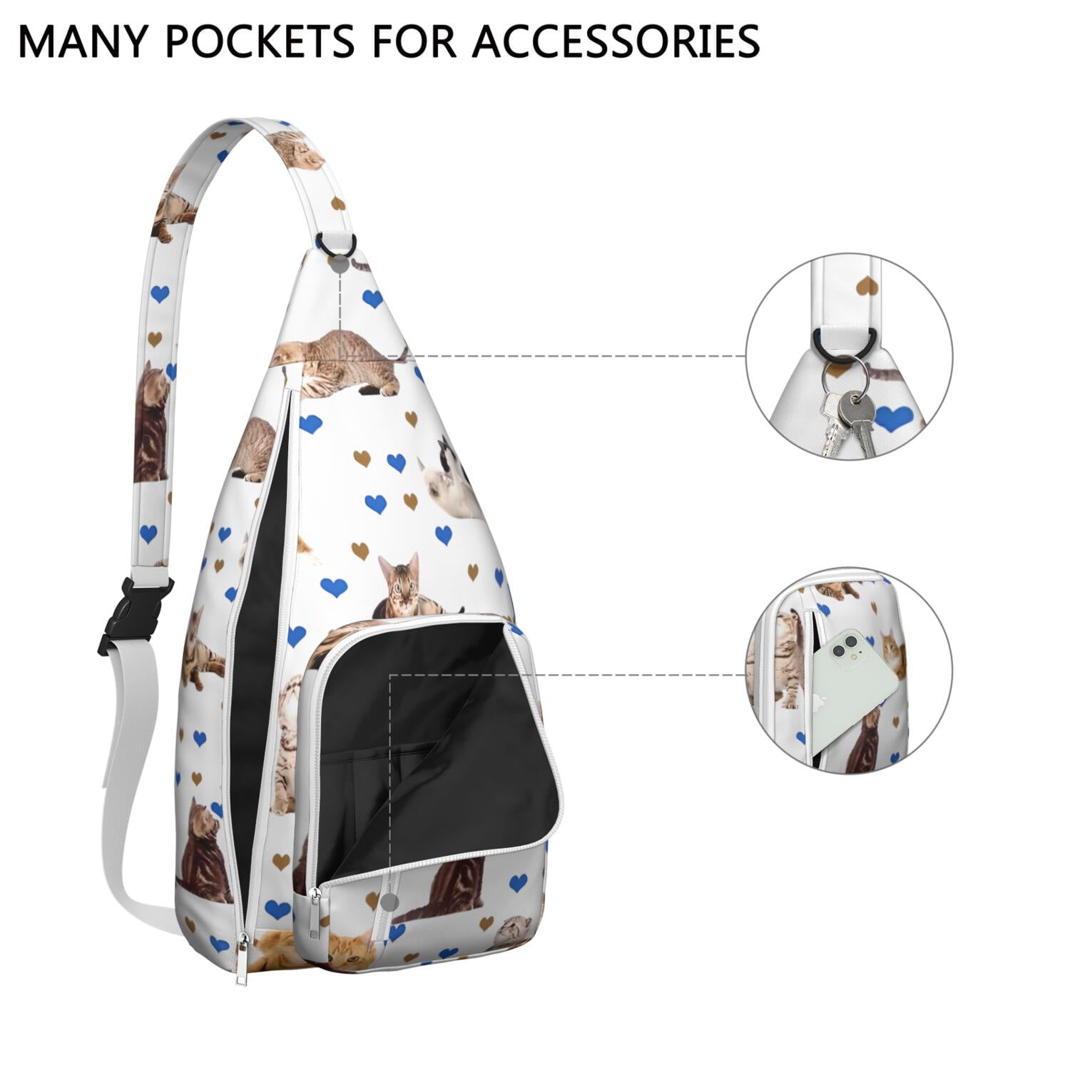 Pet Lover's Shoulder Bag - Hand-drawn Cat Graphic Sling Backpack (Lightweight Chest Bag, Easy Access Pockets)