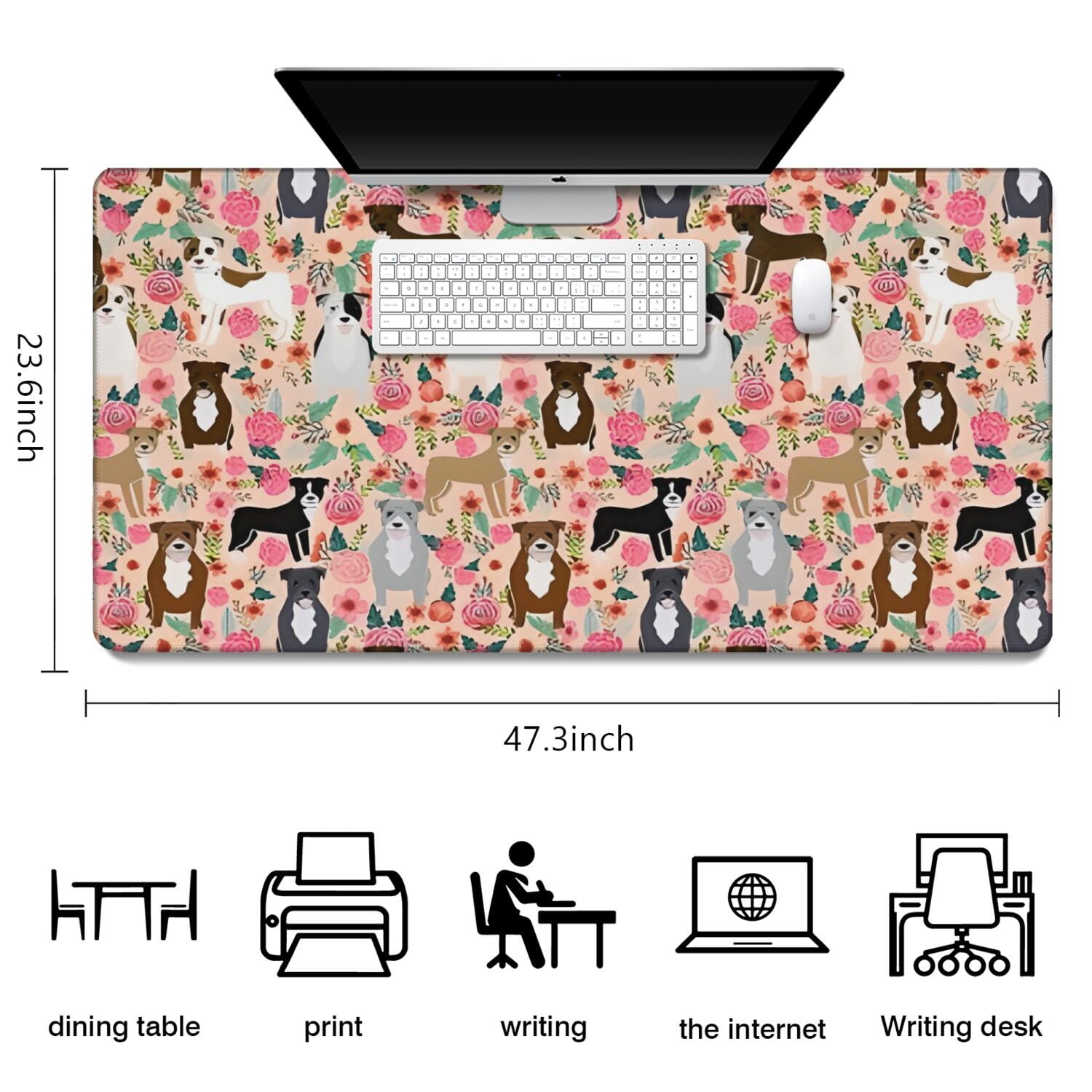 Long Mouse Pads for Desk,Boston Terrier Dogs with Pioneer Flower Desk Mats on Top Of Desks, Desk Mouse Pad Extra Large with 3mm Non-Slip Base and Stitched Edge for Gaming,Office,Work,Home 47.3"x23.6"