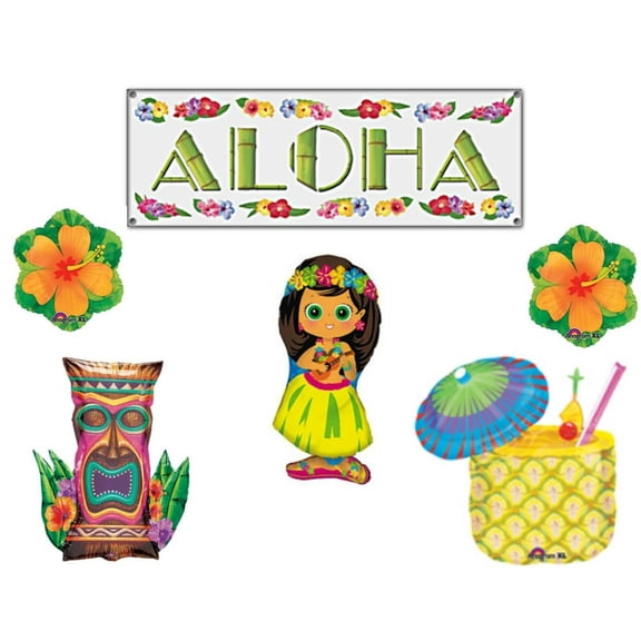 Aloha Banner and Balloons Party Decoration Hula Girl Luau Tiki