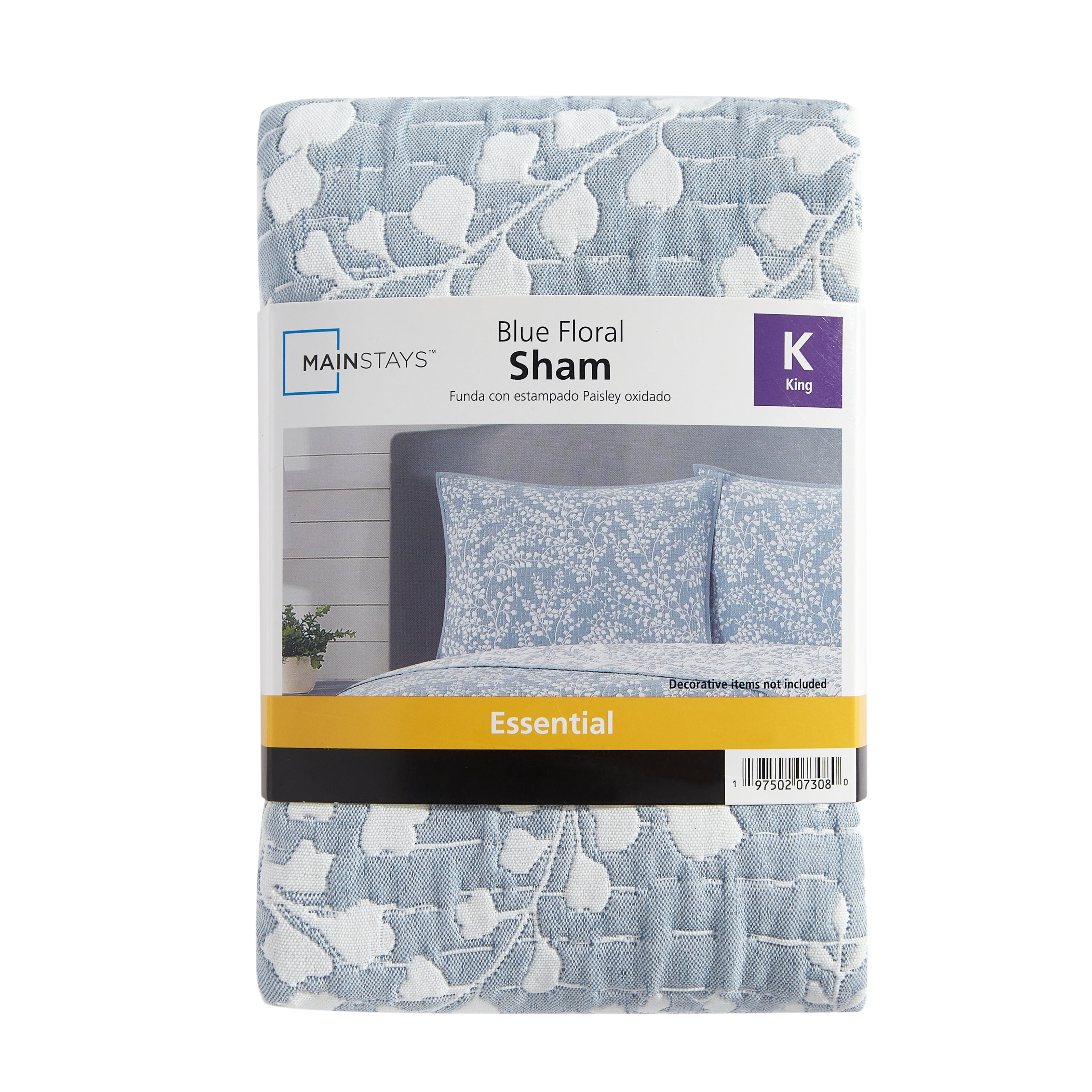 Mainstays Botanical Floral Stitched Pillow Sham, King, Light Blue, 1 Pack