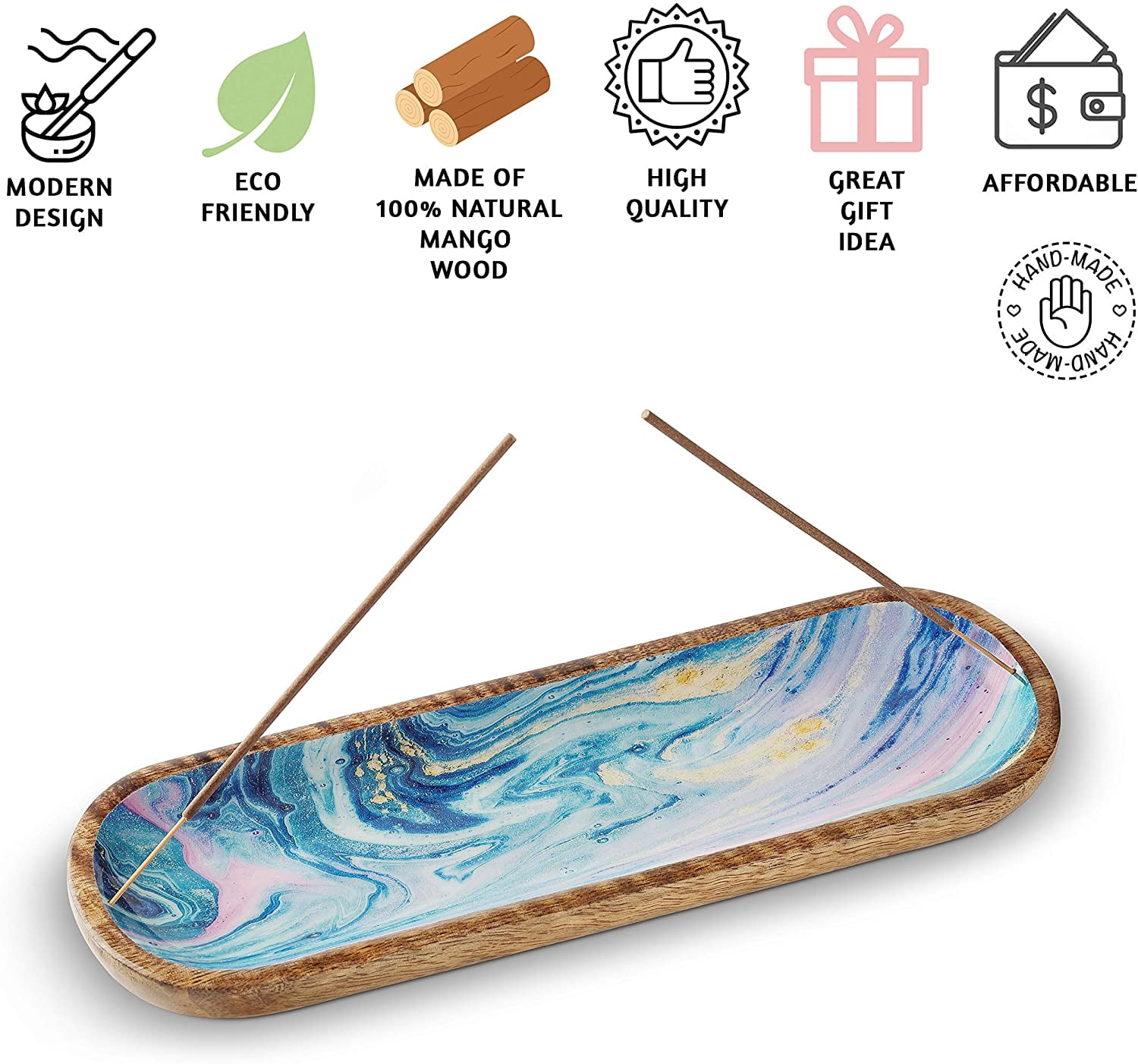 Folkulture Incense Holder or Incense Burner, 12-inch, Mango Wood, Blue Galaxy