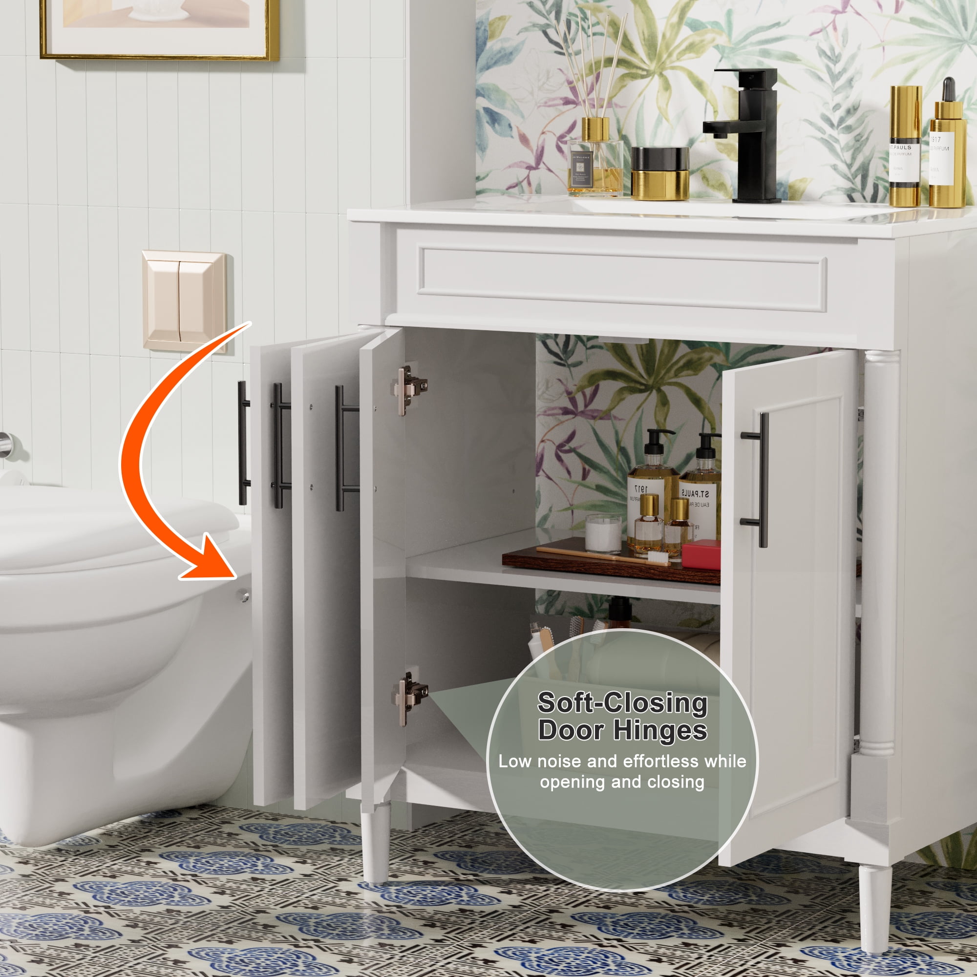 30" Freestanding Bathroom Vanity with Ceramic Sink Top, Faucet, Classic Tapered legs