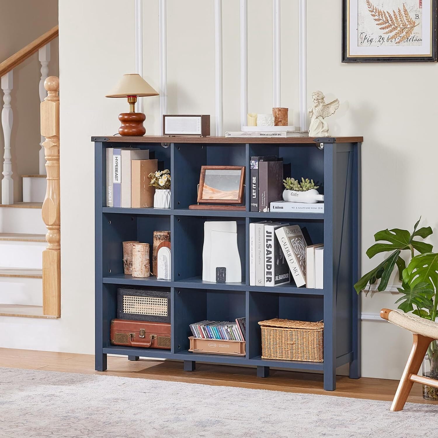 Joaxswe 3-tier Bookshelf, 42.2 in Tall Bookshelf with 9 Open Display Shelves, Large Bookcase for Office Living Room, Blue