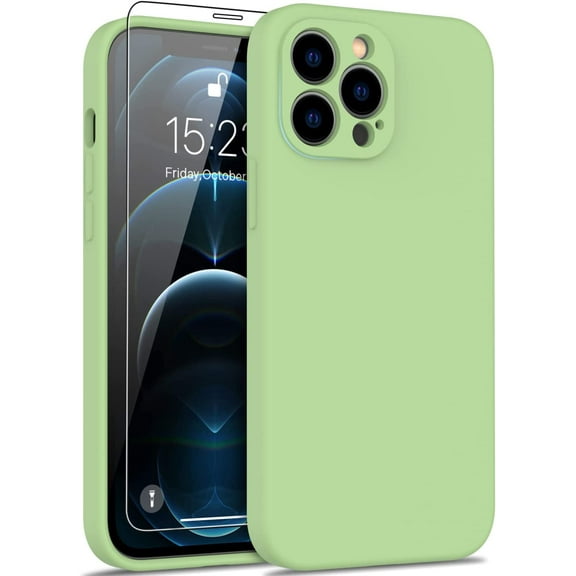 Compatible with iPhone 12 Pro Max Case with Screen Protector,Enhanced Camera Protection,Soft Liquid Silicone Cover,Slim Fit Shockproof Protective Phone Case 6.7" for Women Girls,Tea Green