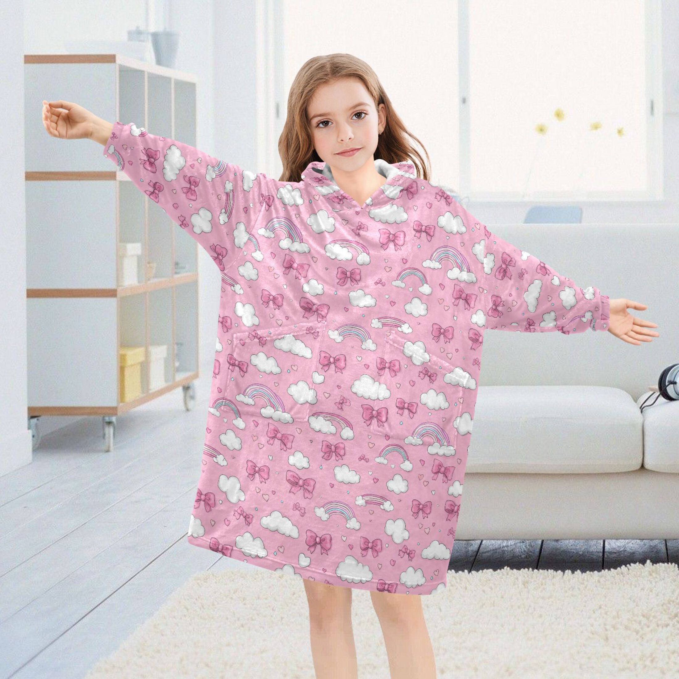 Wearable Blanket Hoodie for Kids Clouds Love Rainbow Bow Flannel Hooded Blanket with Pockets and Sleeves Suitable for Boys and Girls