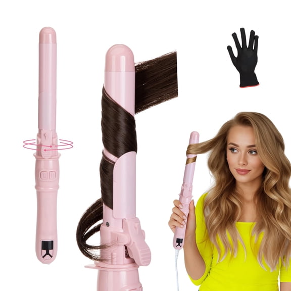 Rotating Curling Iron  1.1 Inch Self Curling Hair Curler, Anti-Tangle, LCD Display, Fast Heating Wand for Time-Saving, Long-Lasting Curls & Waves, Pink