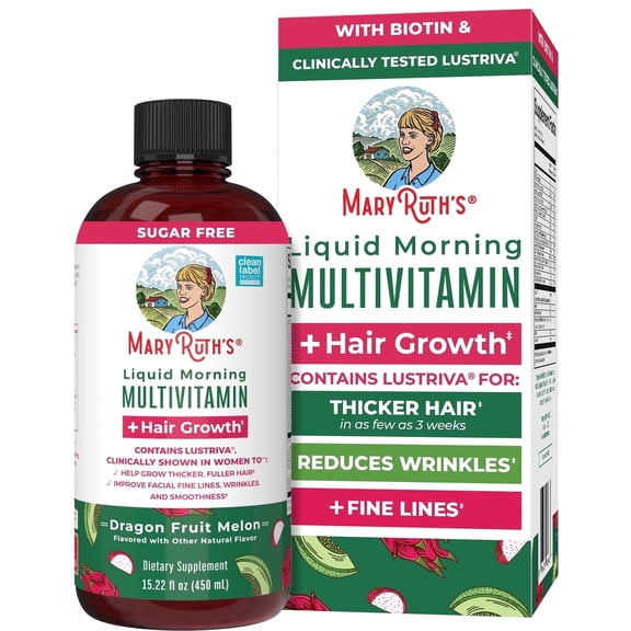 MaryRuth's Liquid Multivitamin   Hair Growth with Biotin 10000MCG, Lustriva, Vegan Gluten-Free, Dragonfruit Melon Flavor, Adults Ages 18 , 15.22 fl oz