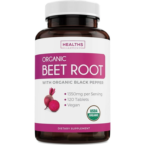 Healths Harmony Organic Beet Root Powder with Black Pepper, 1350mg Beets Per Serving, 120 Tablets