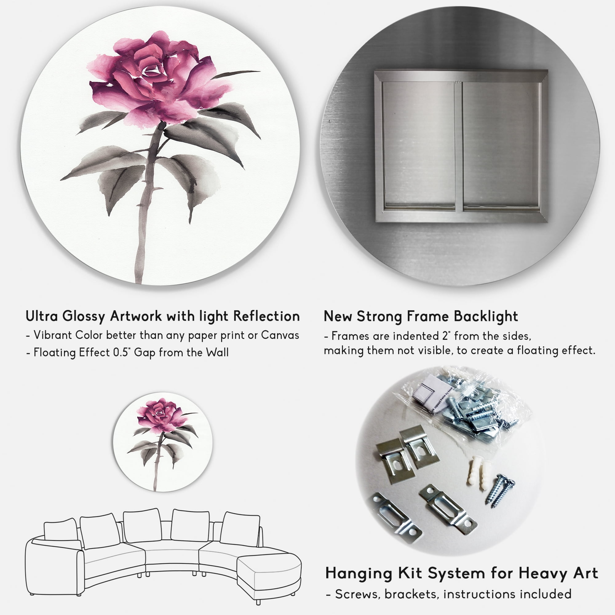 Designart 'Ancient Pink Rose Flower' Traditional Circle Metal Wall Art 36x36 - Disc of 36