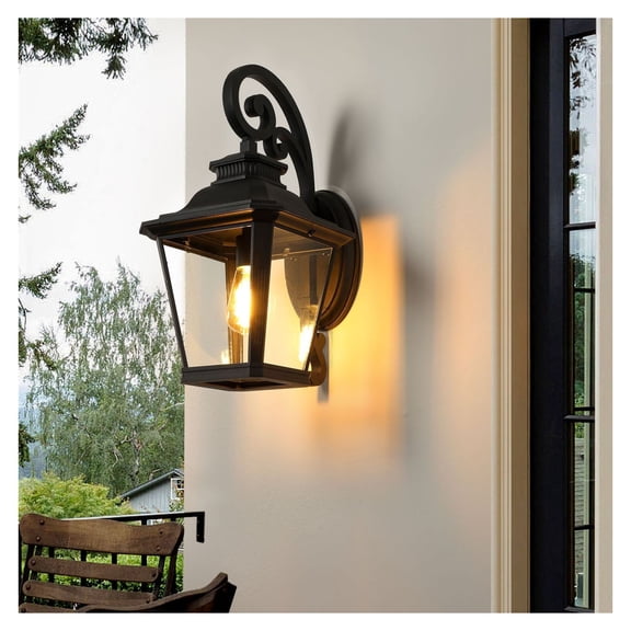 Outdoor Wall Lantern, 21" Vintage Black Sconce – Metal & Glass Porch Light for Patio, Garden, Entryway; E26 Bulb Required (Not Included)