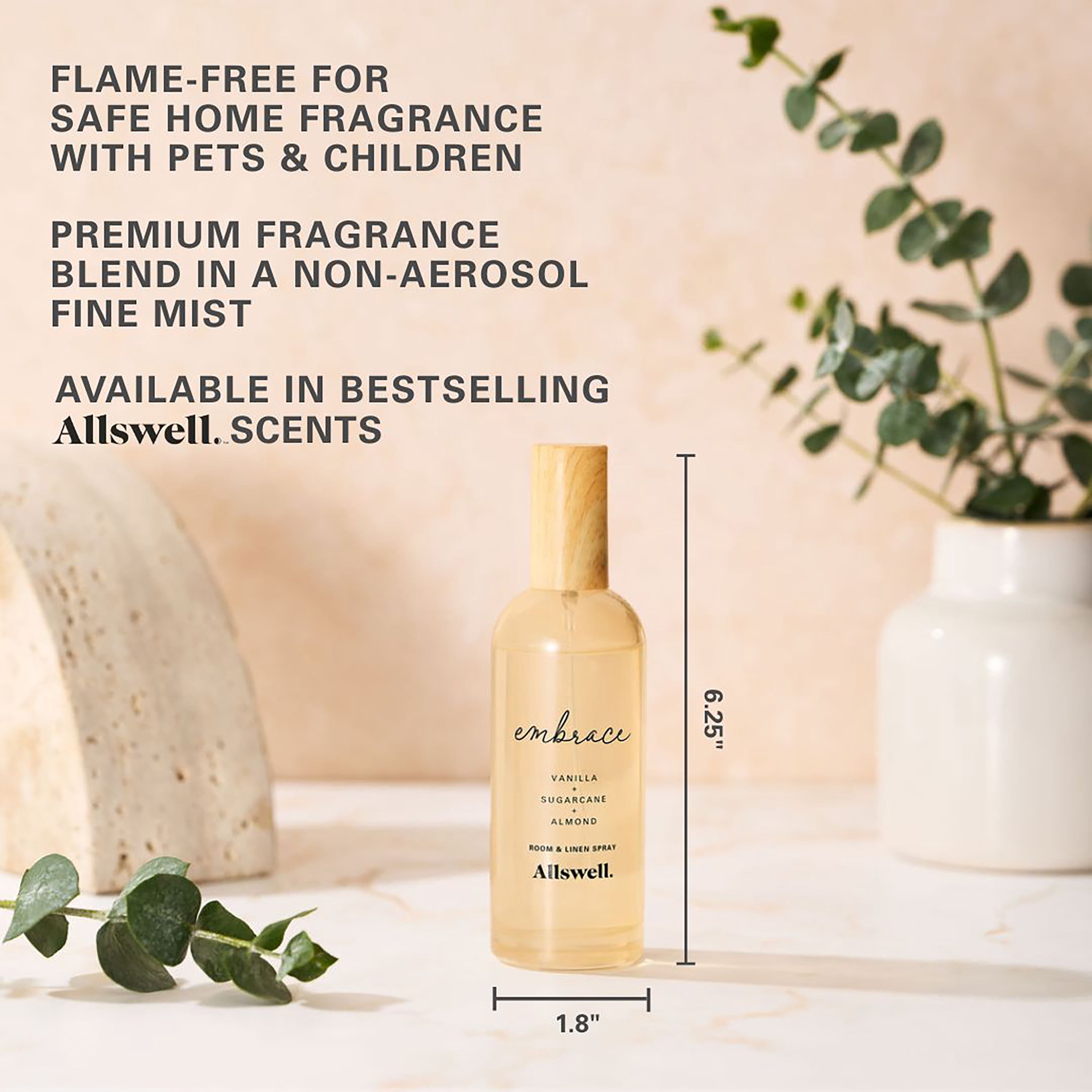 Allswell Embrace (Vanilla + Sugarcane + Almond) Scented Room & Linen Spray 3.4 fl oz (100mL).