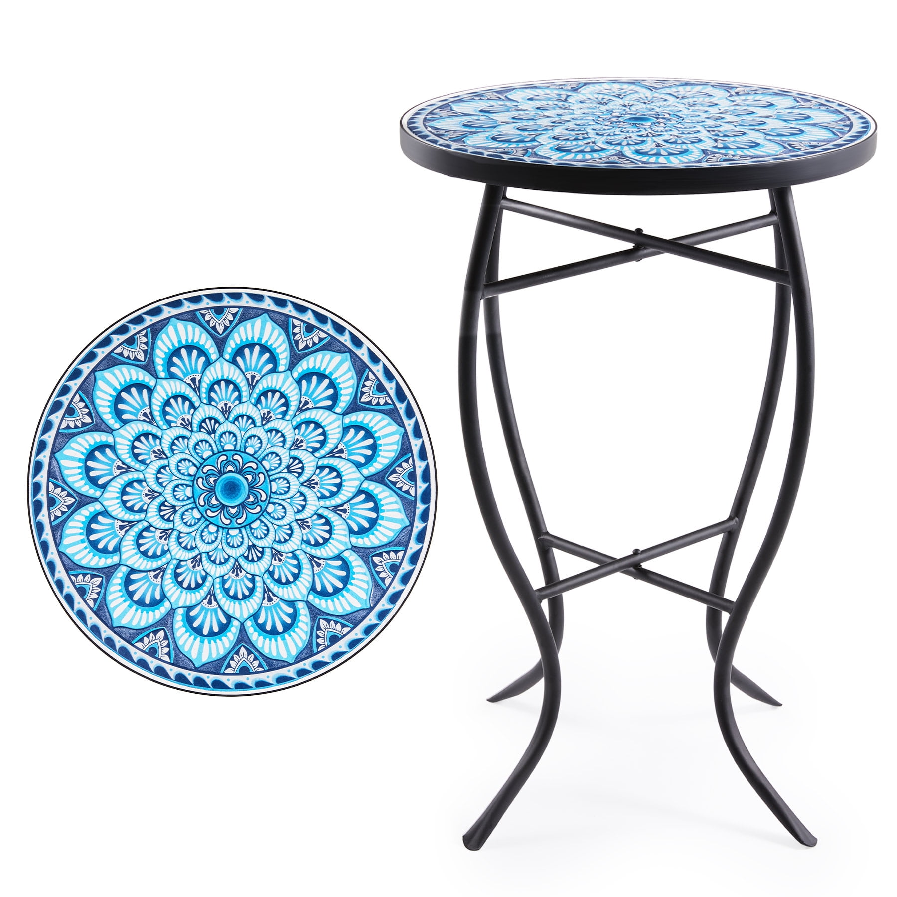 Mosaic Glass Tea Coffee End Side Table Garden Plant Round Stand Holder 2 Colors 