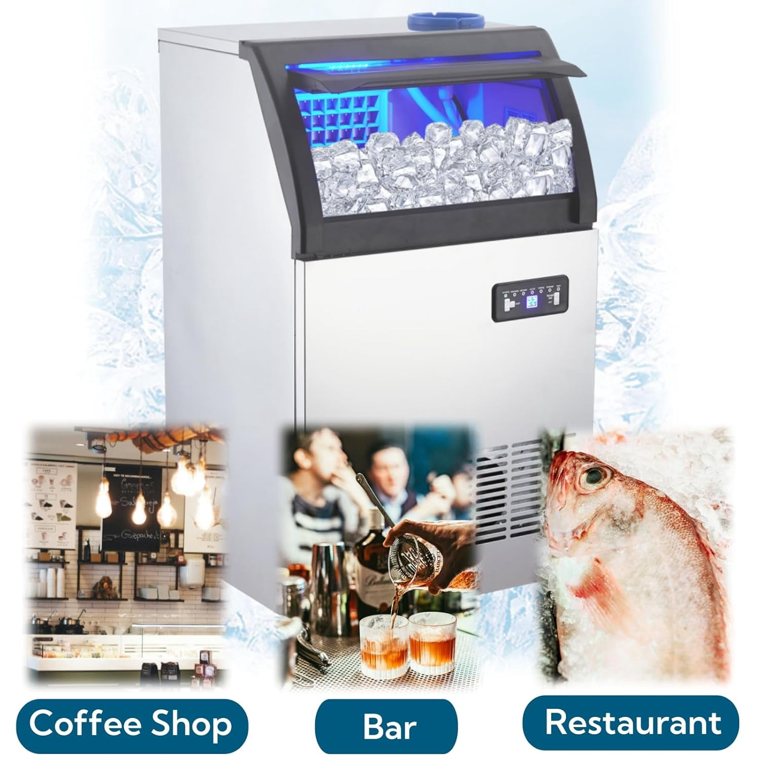 Commercial Ice Maker 100 Lbs/24H, Stainless Steel Freestanding Under Counter Ice Machine with 33 Lbs Ice Storage, 2 Water Inlet Modes, for Bar Home Office Restaurant RV