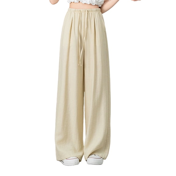 Nfurl Womens Linen Pants with Pockets Casual Wide Leg Pants for Women Loose Solid Color Beach Elastic Waist Drawstring Palazzo Pant Yellow M