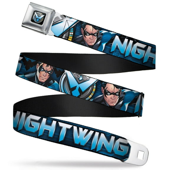 DC Comics Belt, Seatbelt Buckle Belt, Nightwing Poses Logo Black Blues, 34 to 52 Inches