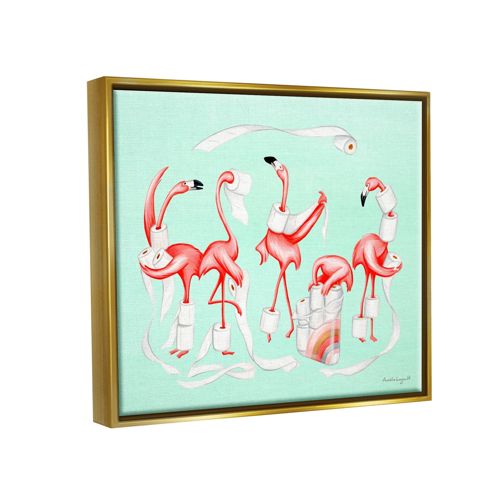 Stupell Industries Silly Flamingos Toilet Paper Rolls Bathroom Illustration Graphic Art Metallic Gold Floating Framed Canvas Print Wall Art, Design by Amelie Legault