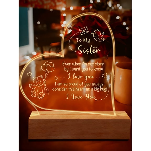 To My Sister Sign Friendship Keepsake Acrylic Night Light Bear Best Friend Ever Sign for Women Sister Besties BFF Birthday Christmas Gift Desk Home Decor Sign Plaque Paperweight LED Night Light