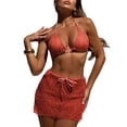 thumbnail image 5 of GEWSEY Women's 3 Piece Swimsuits Halter Triangle Crochet Bikini Sets with Cover Up Skirt (Brick Red, M), 5 of 9