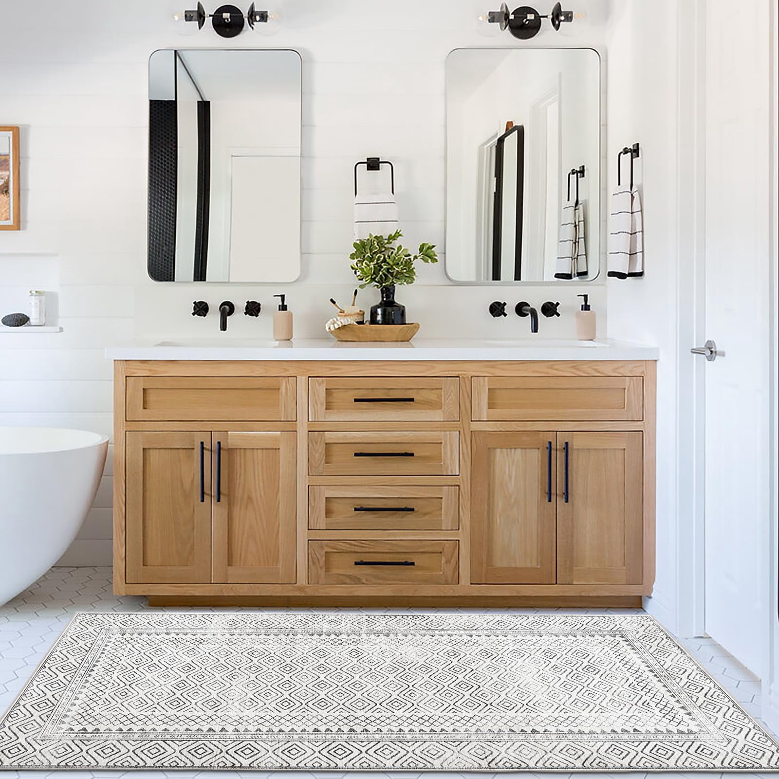 ReaLife Machine Washable Area Rug Runner - Living Room Bedroom Bathroom Kitchen Entryway Office - Padded Low Pile Stain Resistant Premium - Boho Farmhouse Vintage - Aria - Ivory 2'6" x 6'