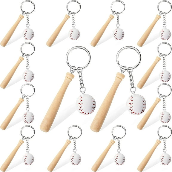 16 Pieces Mini Baseball Keychain with Wooden Bat for Sports Theme Party Team Souvenir Athletes Rewards Party Favors