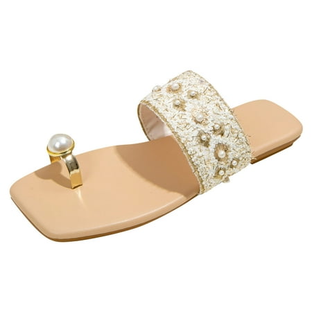

Youmylove Women Slide Slippers Summer Simple Pearl Set Toe Fashion Comfortable Flat Bottom Casual Versatile Beach Sandals Comfort Cozy Leisure Daily Walking