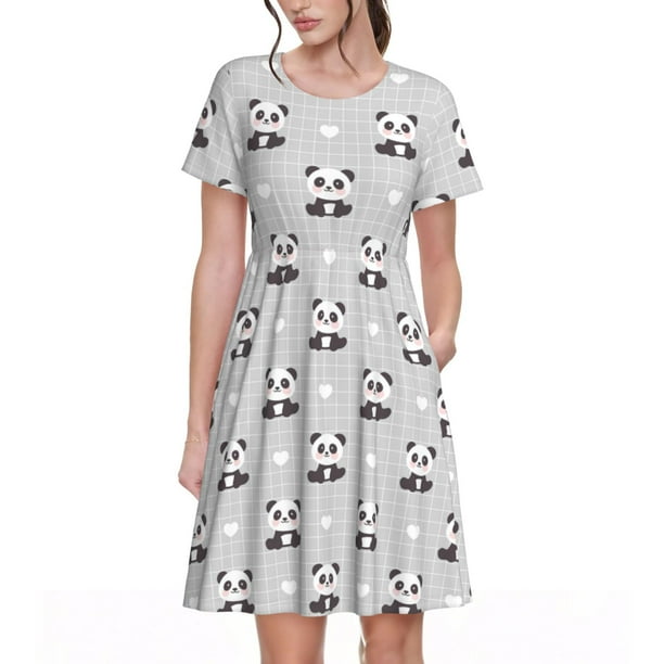 Balery Panda Bear Vestidos sueltos de manga corta para mujer, vestidos de verano 2025, vestidos casuales de corte A con vuelo.