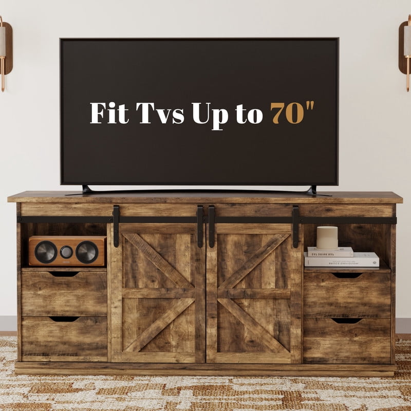 Vineego 70 inch Farmhouse TV Stand for Living Room, Entertainment Center with Sliding Barn Doors & 4 Storage Drawers, Adjustable Shelves Rustic Media Console for Bedroom,Light Brown
