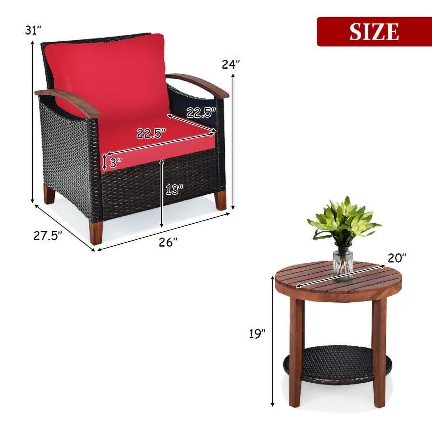 Aimee Lii 3 Pieces Patio Rattan Furniture Set with Washable Cushion and Acacia Wood Tabletop, Small Patio Set, A-Red Aimee Lii 3 Pieces Patio Rattan Furniture Set with Washable Cushion and Acacia Wood Tabletop, Small Patio Set, A-Red