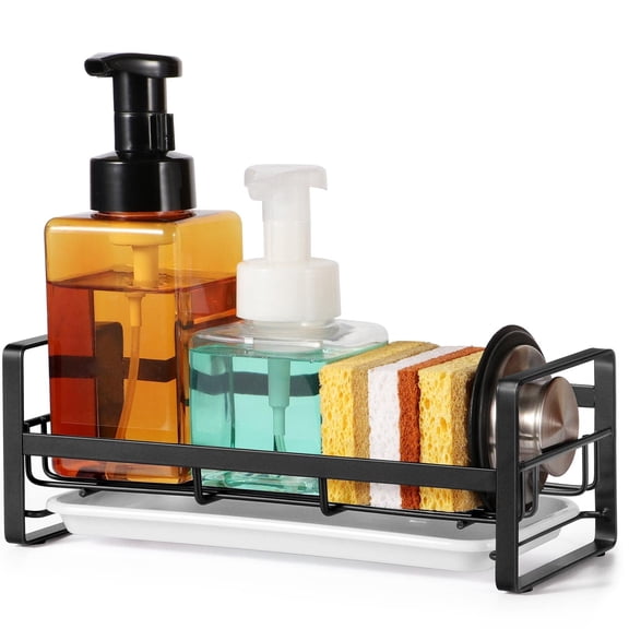 Large Kitchen Sponge Holder, Sink Caddy, Sponge Brush Soap Holder with Removable Tray, Not Include Soap Dispenser, Black