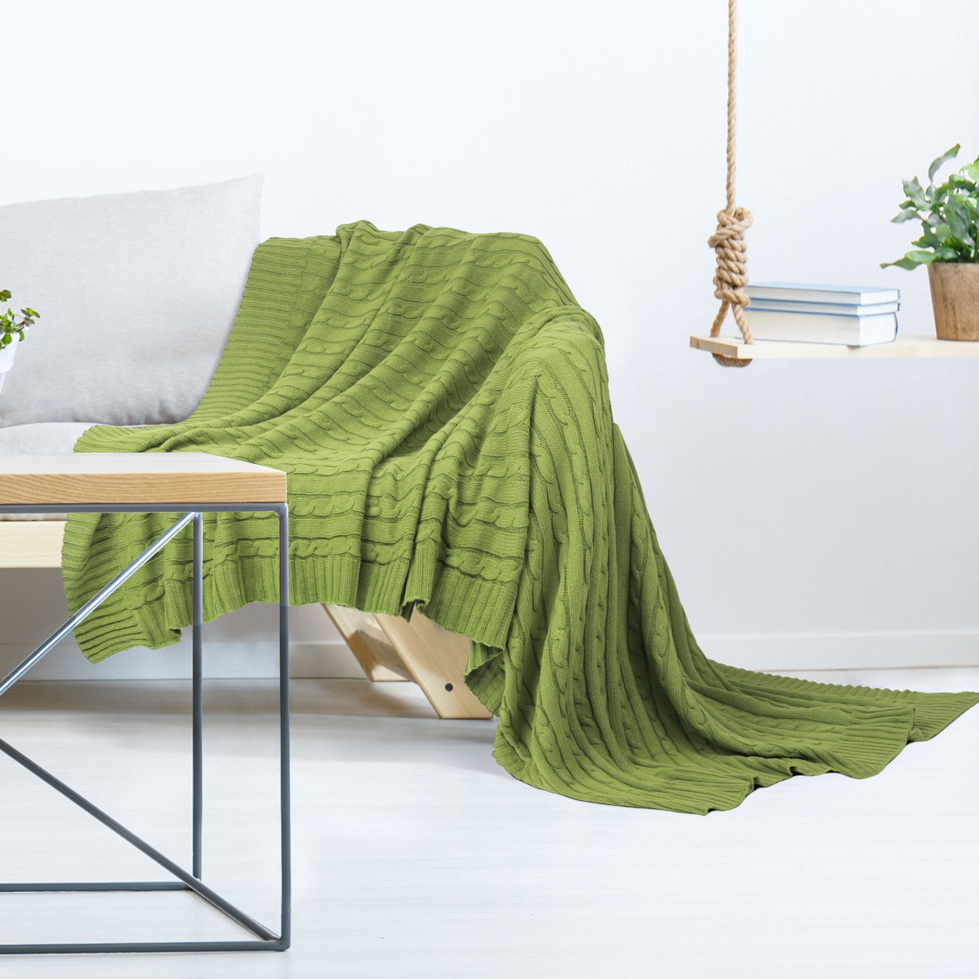 Unique Bargains 100% Cotton Cable Knit Throw Bed Blanket Green 51" x 59"