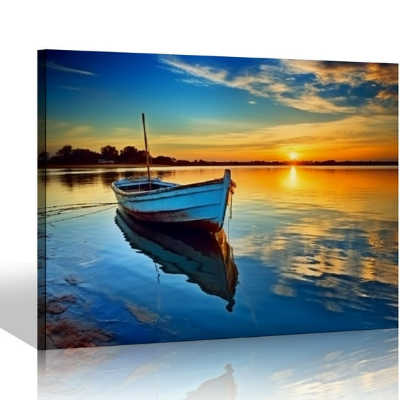 COMIO Canvas Wall Art Boat Blue Lake Water Sunset Panoramic Painting - Long Nature Canvas Artwork Contemporary Picture for Home Office Wall Decor 20x16 inch