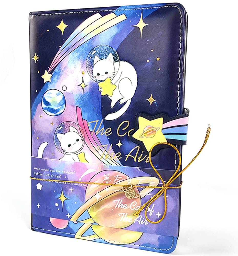 Student Cute Cartoon Cat of Air Pattern Notebook Japanese Sketchbook with  Gold Plated Leather Cover Journal Diary Notepad (dark blue) 