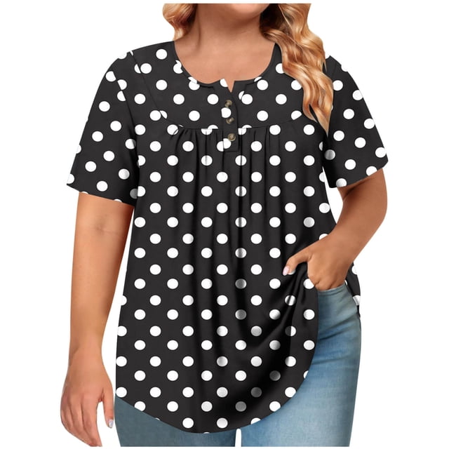 Liquidation de Hauts pour Femmes Grande Taille, Blouse d'Été à Manches Courtes pour Femmes, T-shirt Plissé à Boutons à Col Rond à Manches Courtes pour Femmes Grande Taille