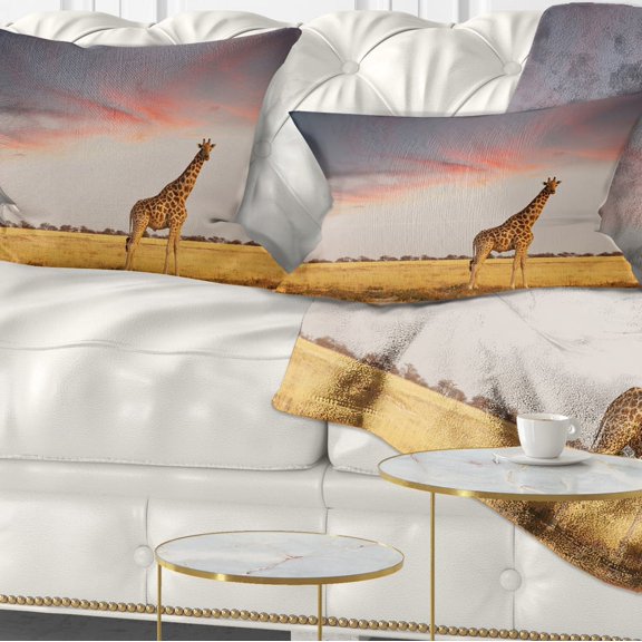 Designart Single Giraffe in Savannah - African Throw Pillow - 12x20