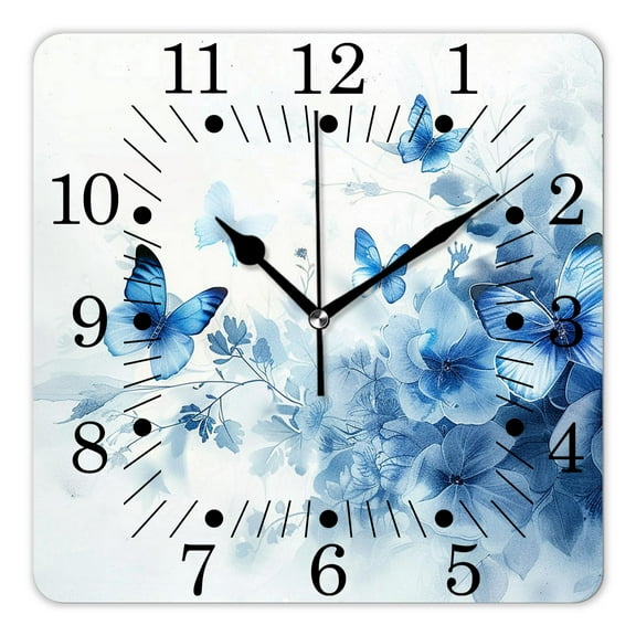 10 Inch Wall Clock Battery Operated Square Clock for Office, Kitchen, Outdoor, Living Room,Blue Tulips with Willow and Butterflies Cute
