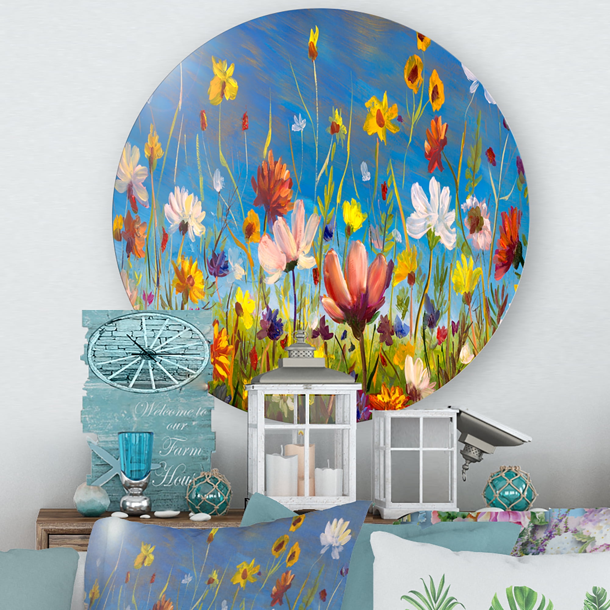 Designart 'Wildflowers and Daisies In Summer Garden Field II' Traditional Circle Metal Wall Art 11x11 - Disc of 11