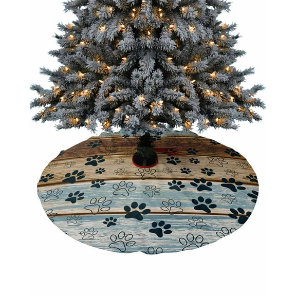 Teal Brown Paw Prints Christmas Tree Skirt 48 Inches Large Christmas Skirt Tree, Country Farmhouse Retro Wood Tree Skirt Christmas Decorations for Fireplace Party Holidays Indoor Outdoor