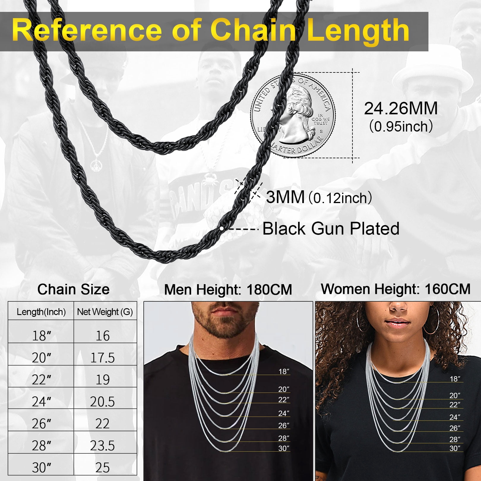 FOCALOOK Twist Rope Chain Necklace for Men Black Replacement Chain for Pendant Charm 316L Stainless Steel 3mm 24 Inch with Jewelry Gift Box for Dad Christmas