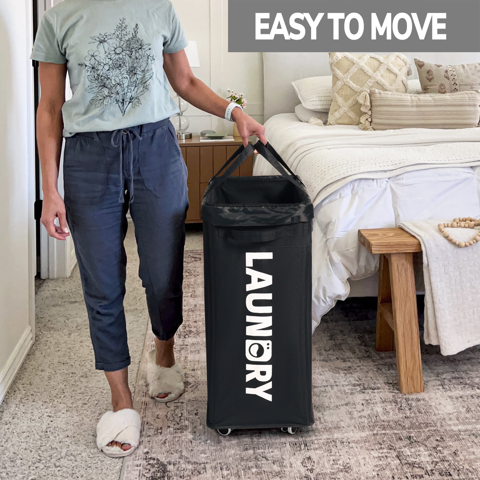 HiChen Laundry Hamper with Wheels, 75L Collapsible Rolling Laundry Basket with Removable Wash Bag, Foldable Clothes Organizer, Black